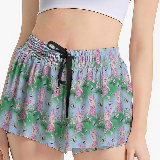 Sketched Shy Friend and Butterflies - Women's Flowy Pocket Shorts