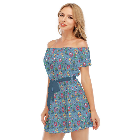 Holiday Baubles with Mischievous Blue Alien - Women's Off-shoulder Ruffle Dress