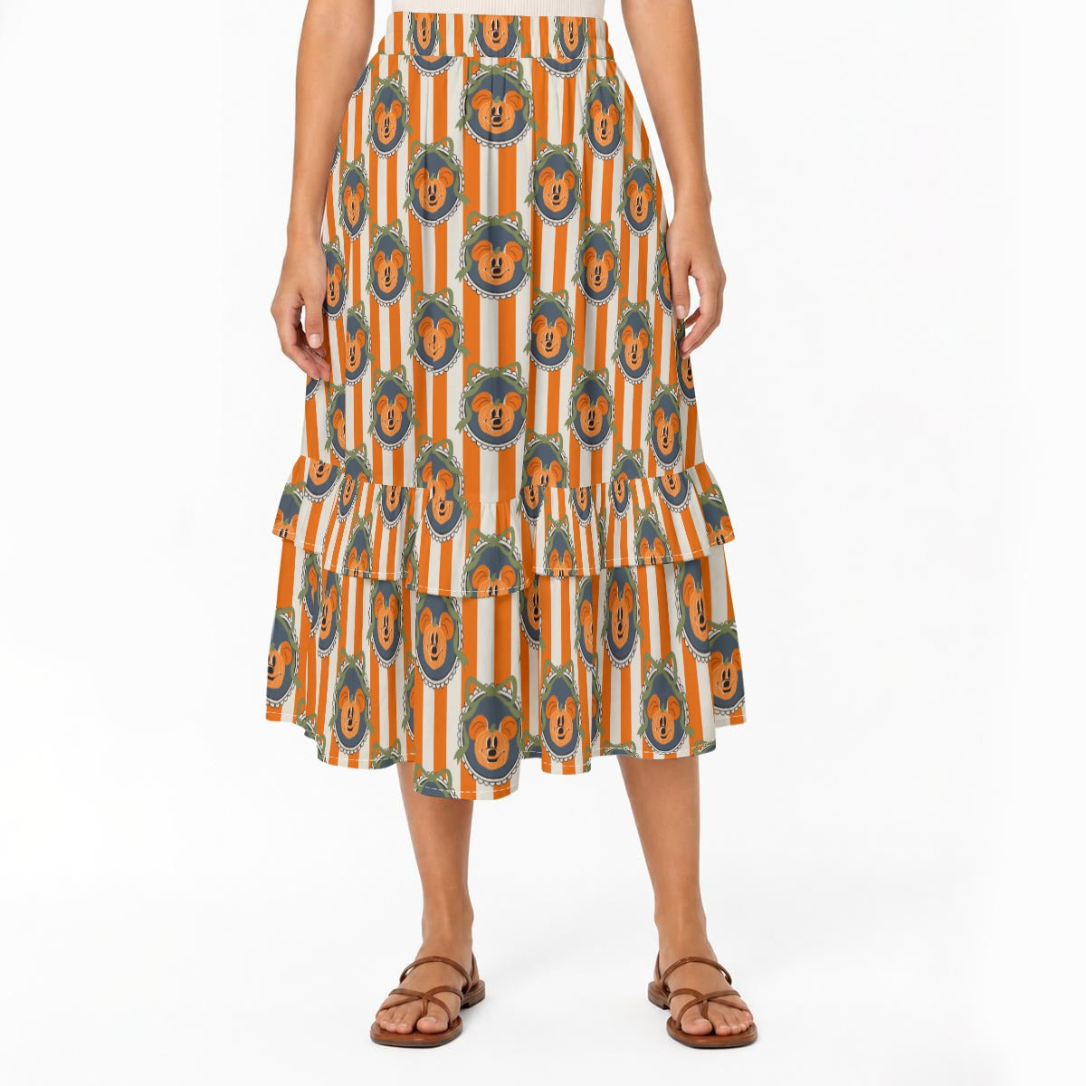 Pumpkin Cameo Stripes - Women’s Boho Ruffle Midi Skirt with Pockets