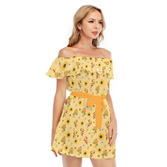 Cheerful Bee & Citrus Bird - Women's Off-shoulder Ruffle Dress