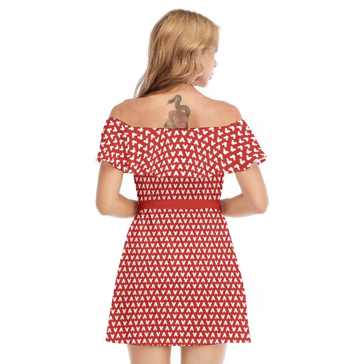 Playful Polka Dot Ears Red - Women's Off-shoulder Ruffle Dress