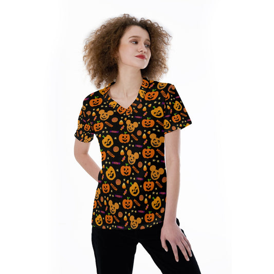 Cheerful Pumpkin Mouse Halloween - Women's Short Sleeve V-Neck T-Shirt