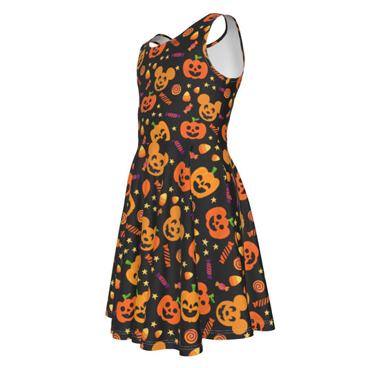 Cheerful Pumpkin Mouse Halloween- Kid's Sleeveless Skater Dress