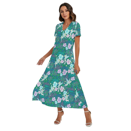 Pixie in Neon Blooms - Women's V-Neck Side Split Maxi Dress