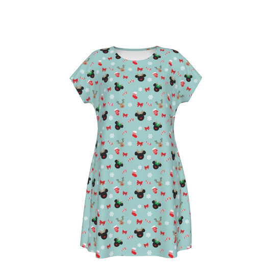 Festive Reindeer Mouse Holiday - Women's T-Shirt Dress