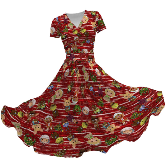 A Very Festive Puppet Christmas - Women's V-Neck Ruched Midi Dress