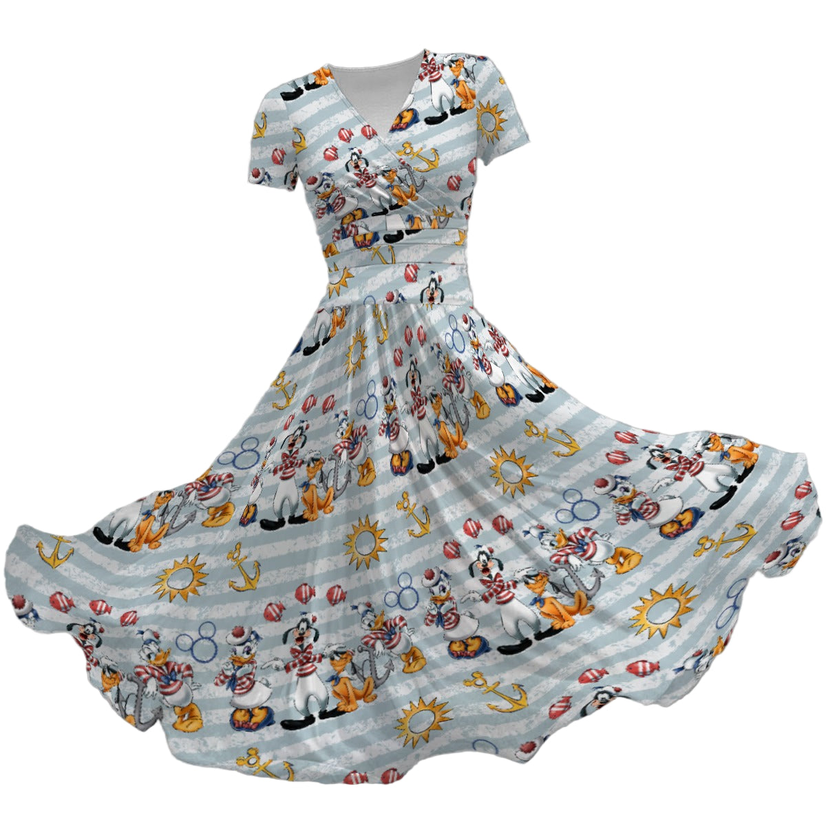 Set Sail with the Crew - Women's V-Neck Ruched Midi Dress