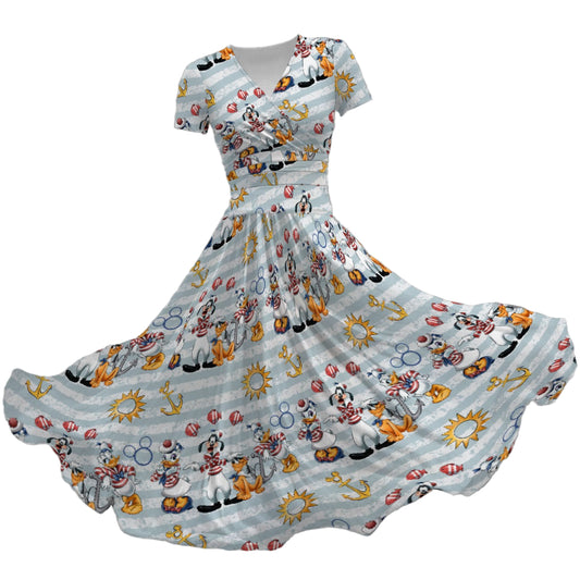 Set Sail with the Crew - Women's V-Neck Ruched Midi Dress