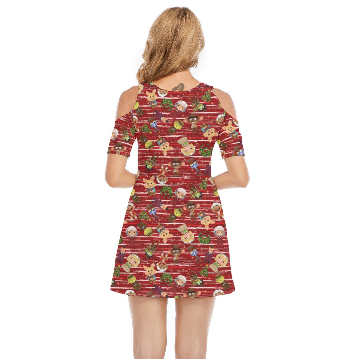A Very Festive Puppet Christmas - Women's Cold Shoulder Cotton Dress