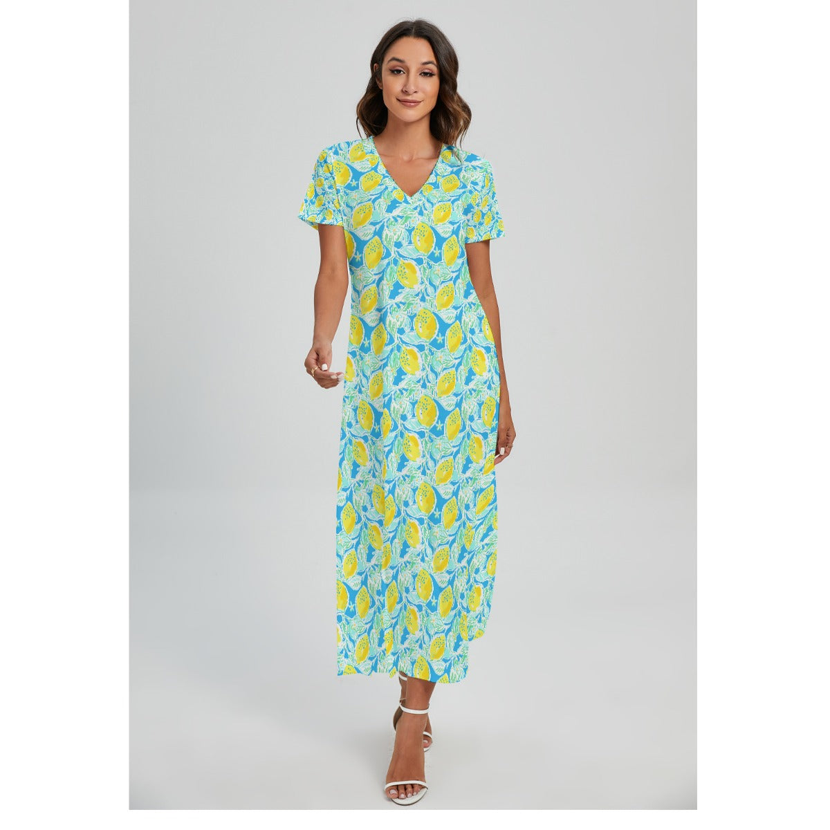 Lemon Drop Daydream - Women's V-Neck Side Split Maxi Dress