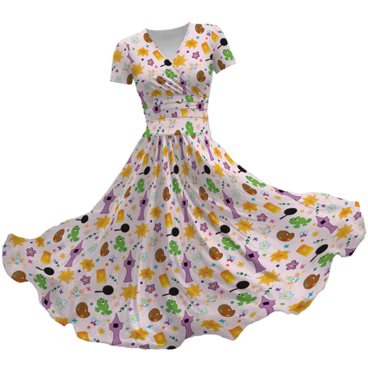 Long Hair Princess Icons - Women's V-Neck Ruched Midi Dress