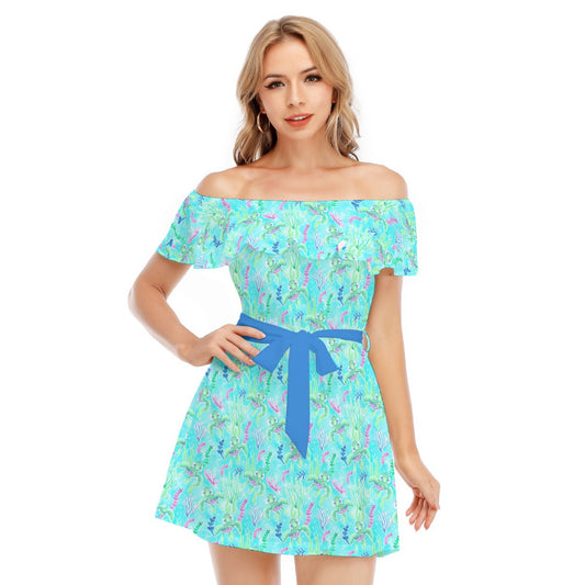 Neon Floral Baby Turtle - Women's Off-shoulder Ruffle Dress