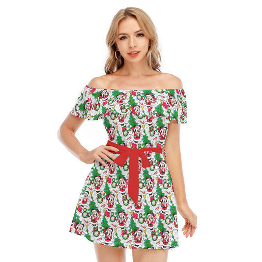 Santa Mouse with Sparkle - Women's Off-shoulder Ruffle Dress