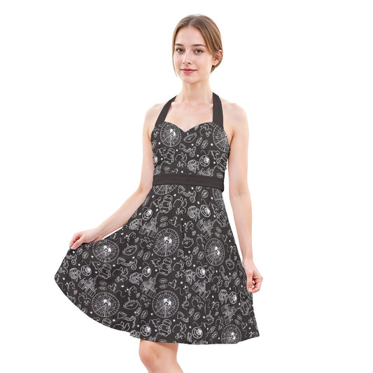 Monochrome Theme Park Icons - Women's Halter Vintage Pocket Dress