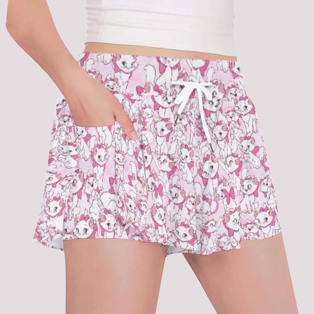 Sweet Kitten with Pink Bow - Girls’ Flowy Pocket Shorts
