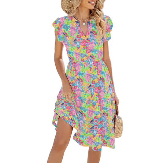 Neon Floral Summer Vibes - Women's Tiered Pocket Midi Dress