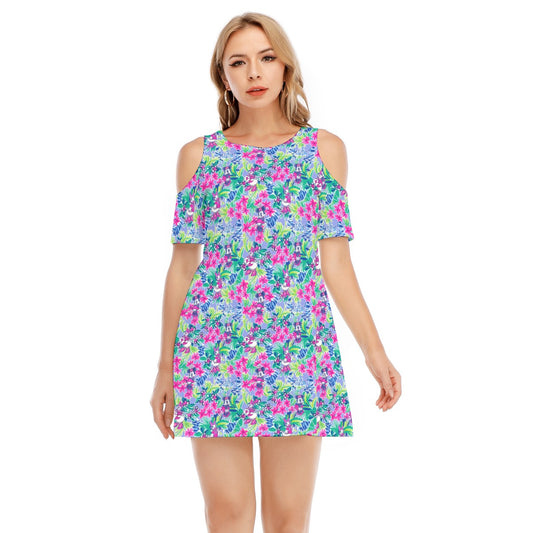 Bright Tropical Bliss - Island Mouse Duo - Women's Cold Shoulder Cotton Dress