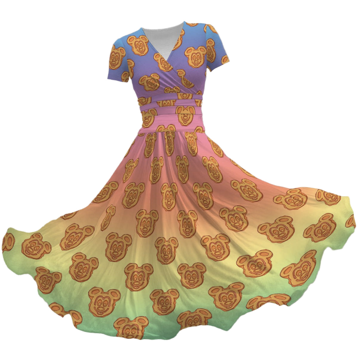 Rainbow Mouse Waffles - Women's V-Neck Ruched Midi Dress