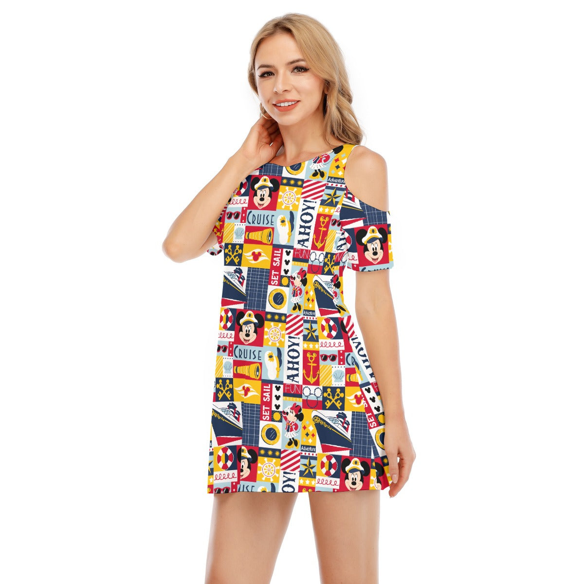 Nautical Cruise Patchwork - Women's Cold Shoulder Cotton Dress