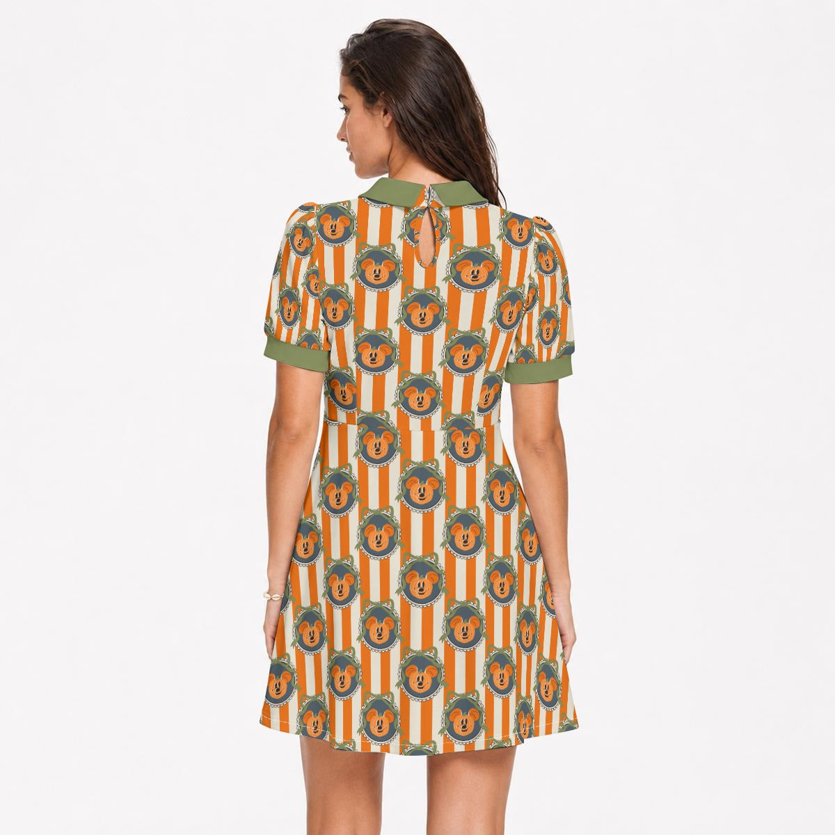 Pumpkin Cameo Stripes - Women’s Vintage Collar A-Line Dress with Pockets