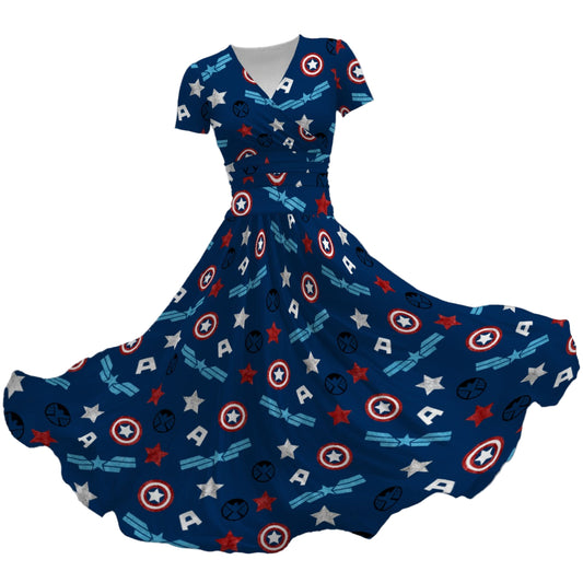 American Superhero - Women's V-Neck Ruched Midi Dress