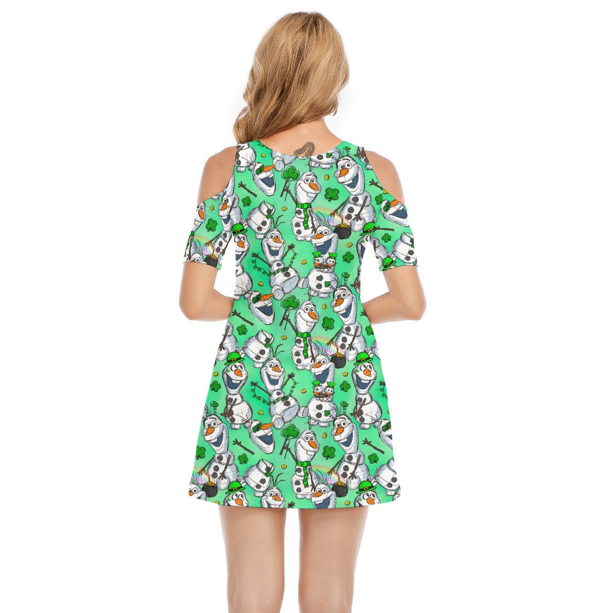 Sketched Snowman St. Patrick’s Day - Women's Cold Shoulder Cotton Dress