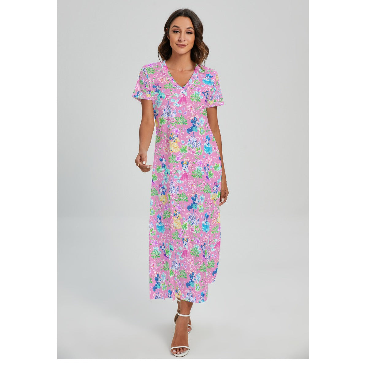 Princess Palm Party - Women's V-Neck Side Split Maxi Dress