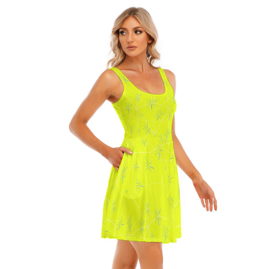 Joyful Blue & Yellow Florals - Women's Sleeveless Pocket Skater Dress