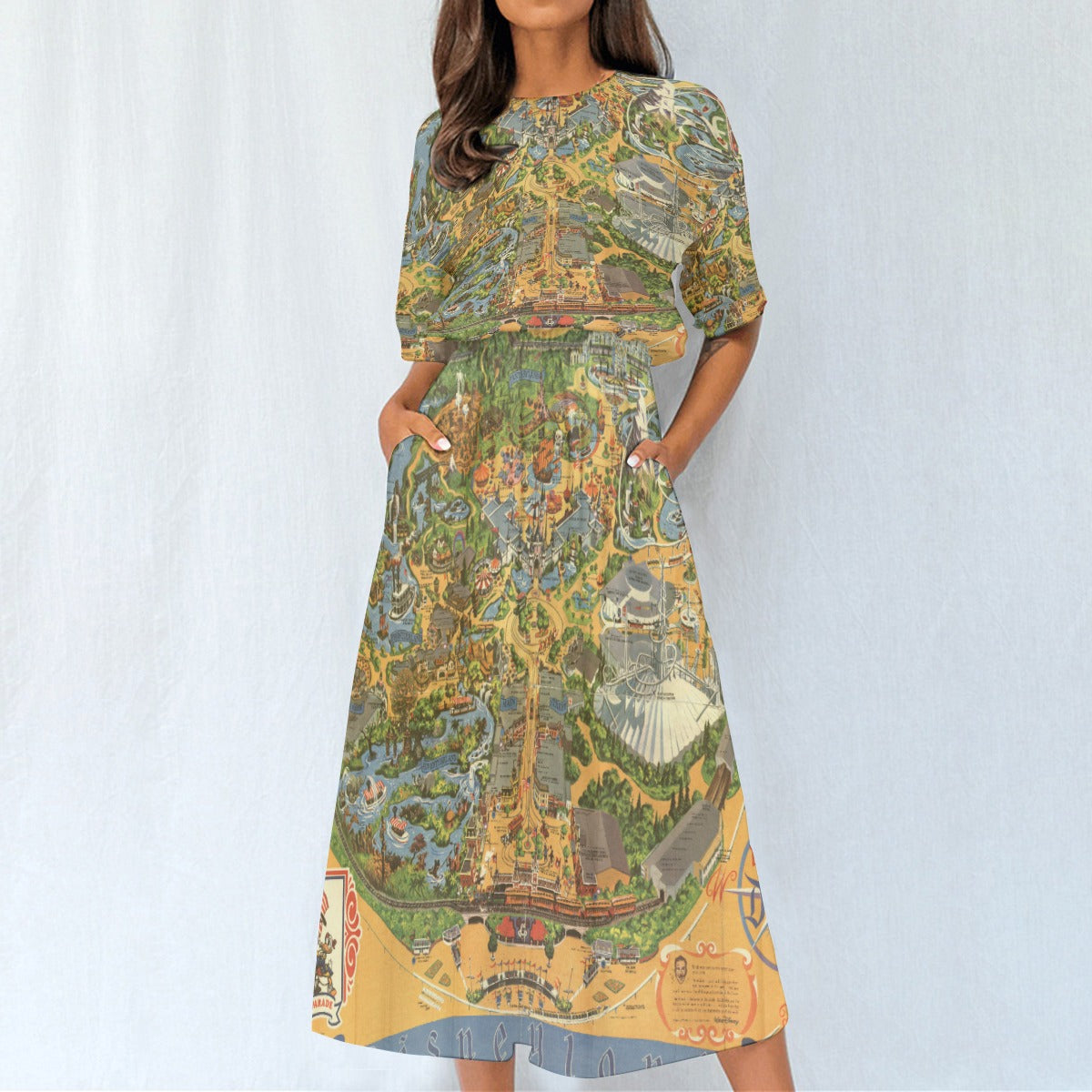 Vintage Theme Park Map - Women’s Elastic Waist Pocket Midi Dress
