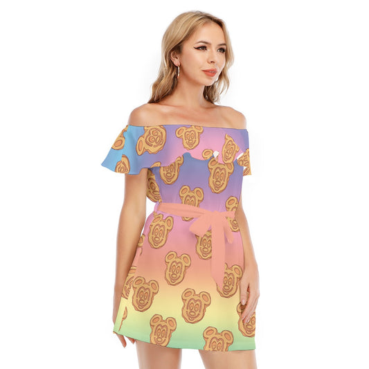Rainbow Mouse Waffles - Women's Off-shoulder Ruffle Dress