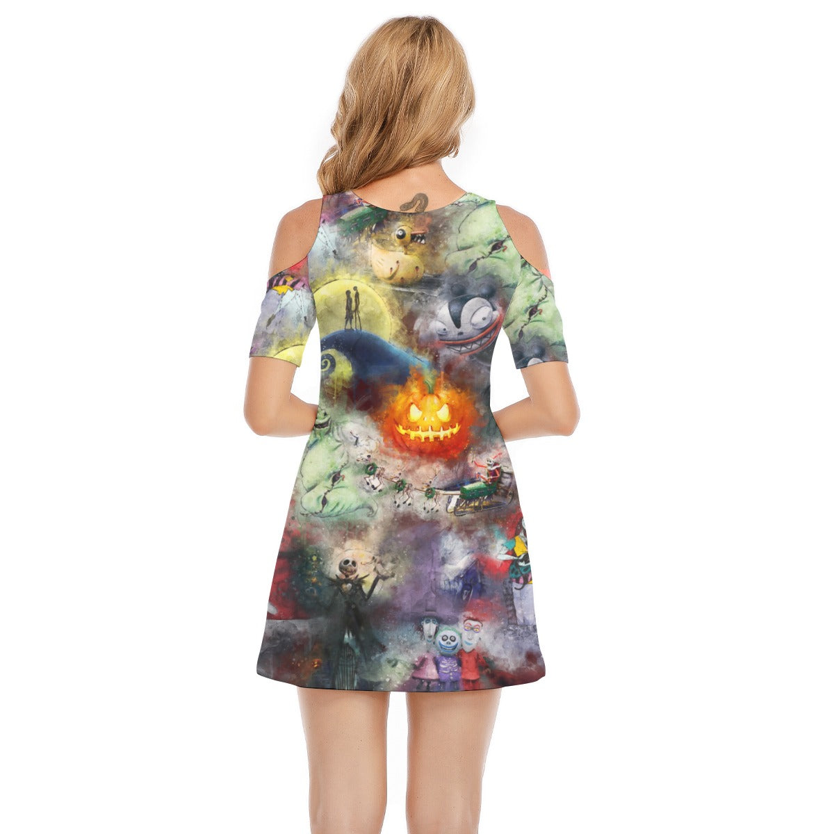 Watercolor Nightmare Town - Women's Cold Shoulder Cotton Dress