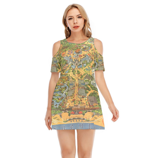 Vintage Theme Park Map - Women's Cold Shoulder Cotton Dress