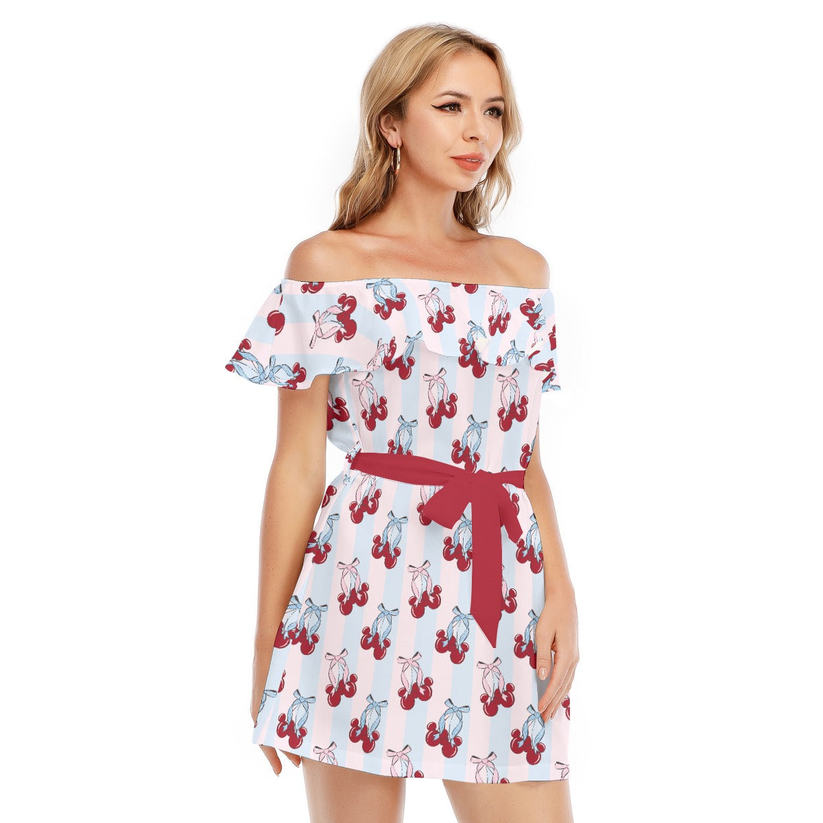 Cherry Ear Bows - Women's Off-shoulder Ruffle Dress