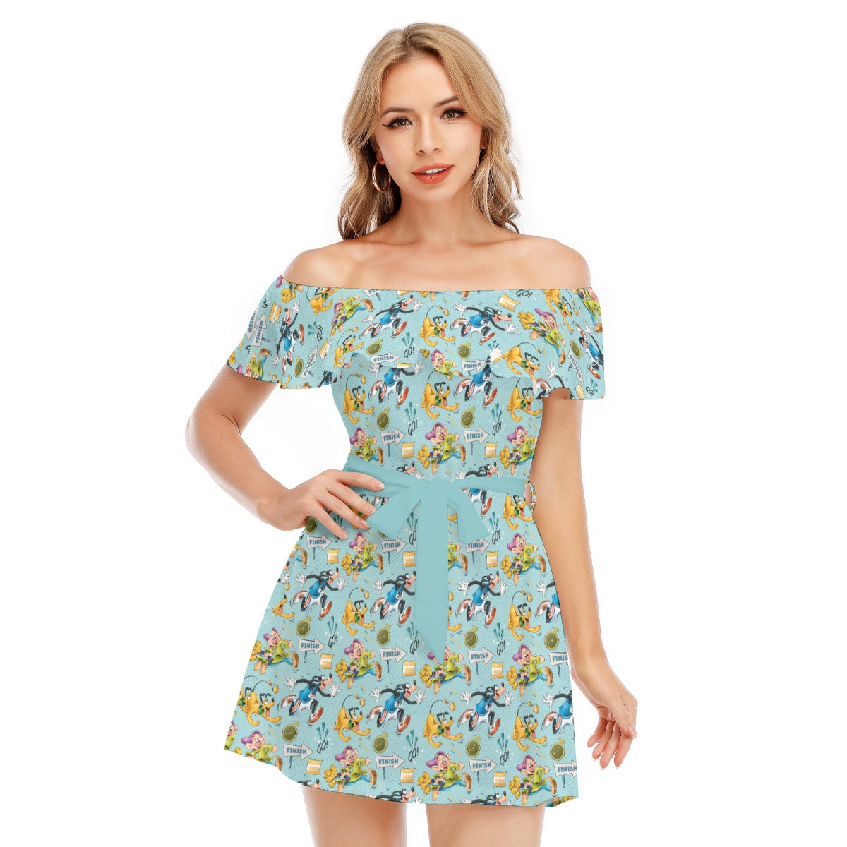 Cheerful Race Day Dashers - Women's Off-shoulder Ruffle Dress