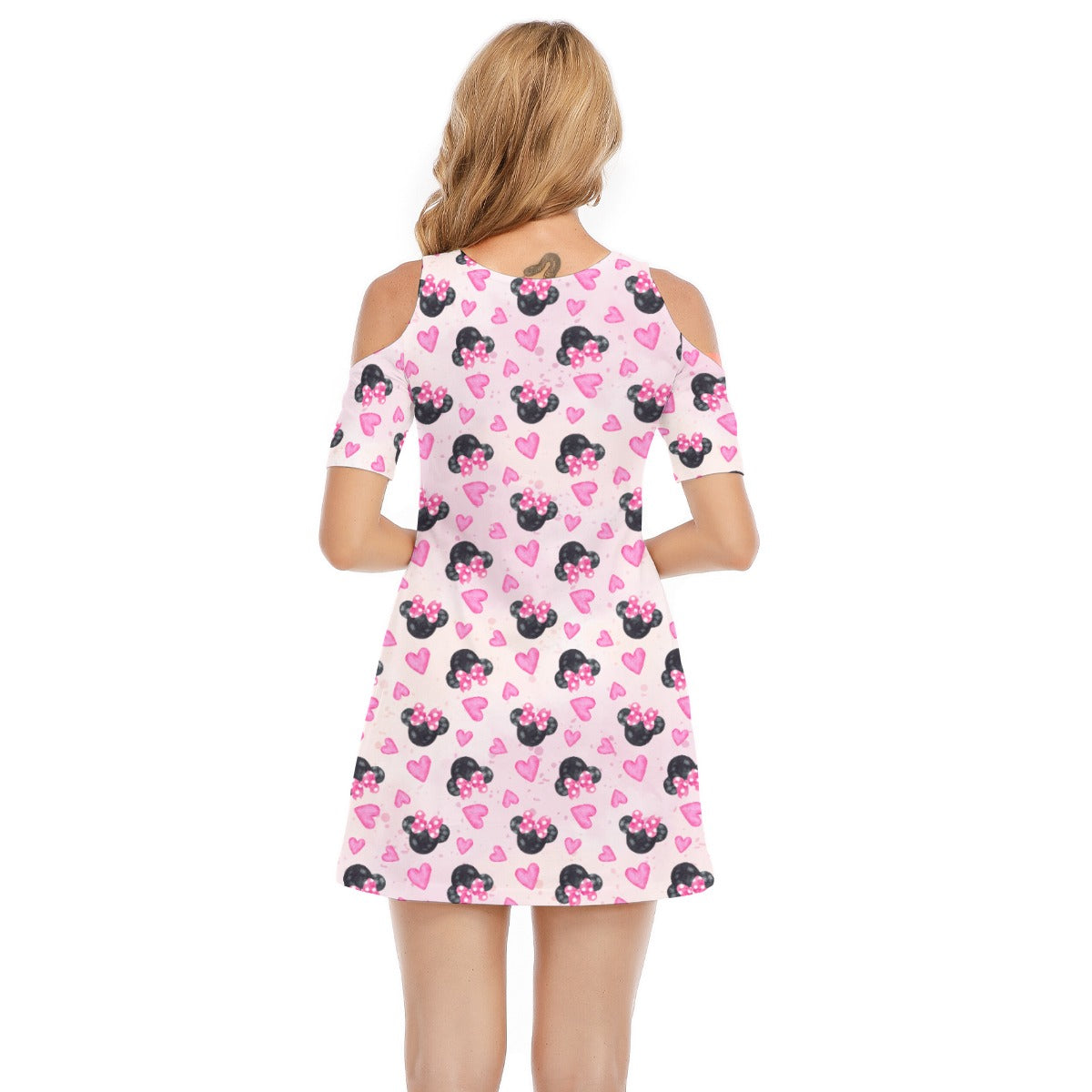 Watercolor Pink Bow Mouse Ears - Women's Cold Shoulder Cotton Dress