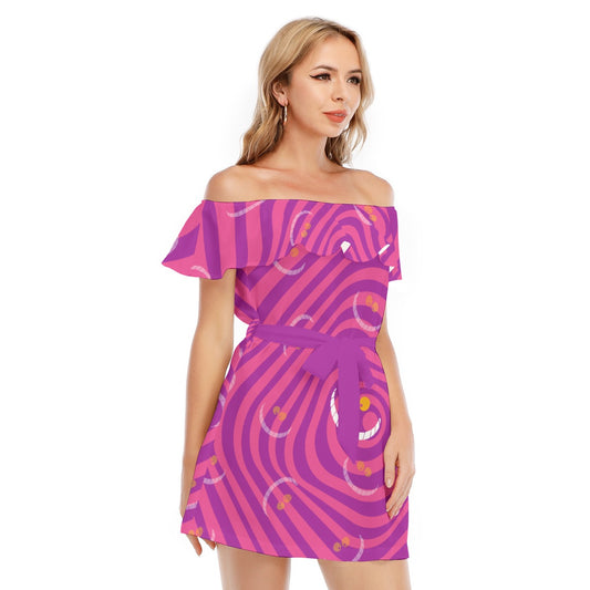Whimsical Grinning Stripes - Women's Off-shoulder Ruffle Dress