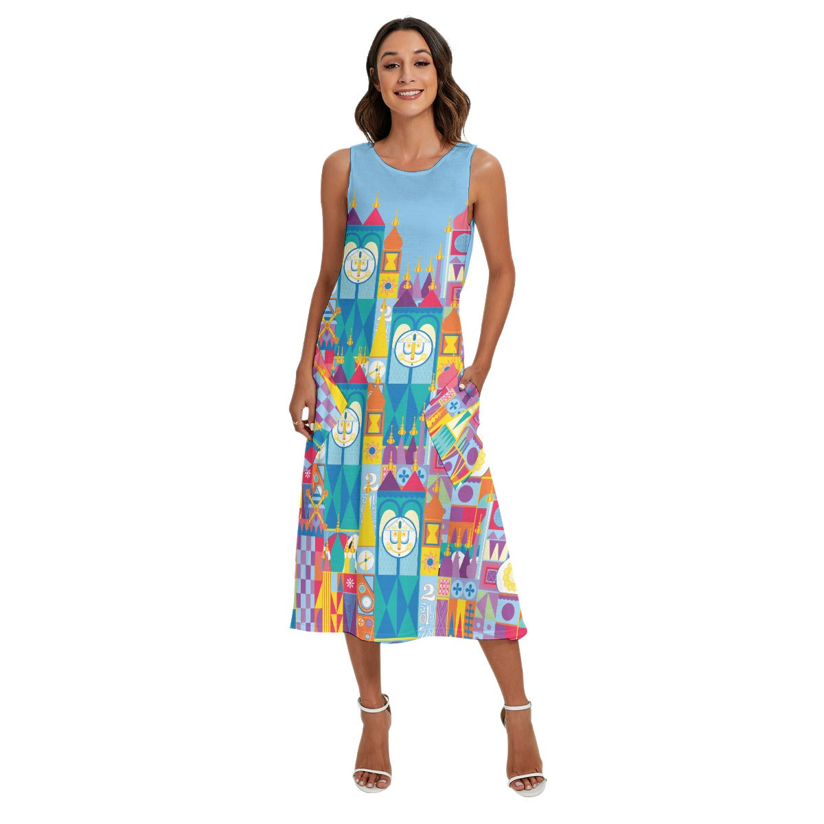Whimsical World Facade - Women’s Diagonal Pocket Midi Dress