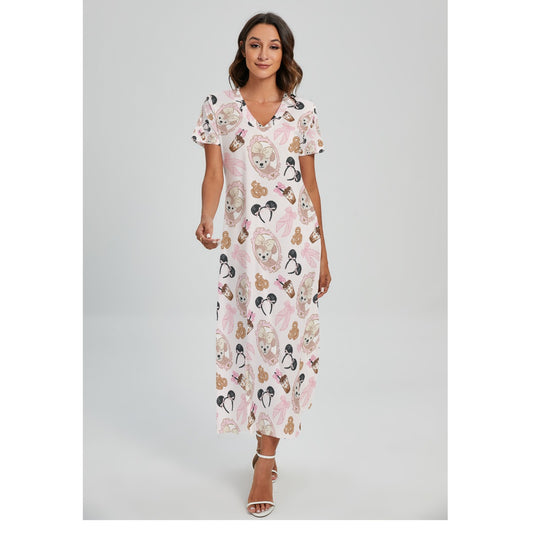 Bow Bear Sweet Day - Women's V-Neck Side Split Maxi Dress