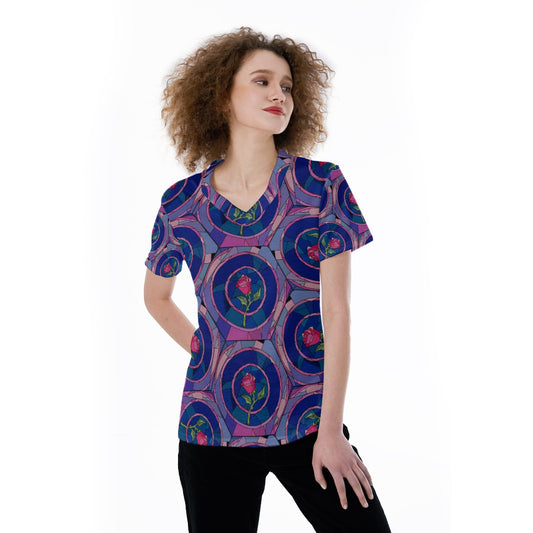 Enchanted Rose Stained Glass - Women's Short Sleeve V-Neck T-Shirt