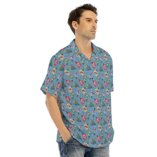 Holiday Baubles with Mischievous Blue Alien - Men's Hawaiian Button Up Shirt
