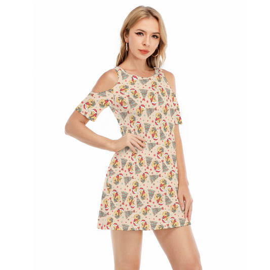 Cozy Bear Holiday Cheer - Women's Cold Shoulder Cotton Dress