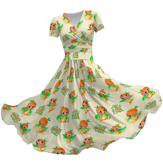 Citrus Charm Bird - Women's V-Neck Ruched Midi Dress