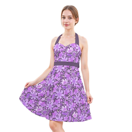 Purple Crystal Moths - Women's Halter Vintage Pocket Dress