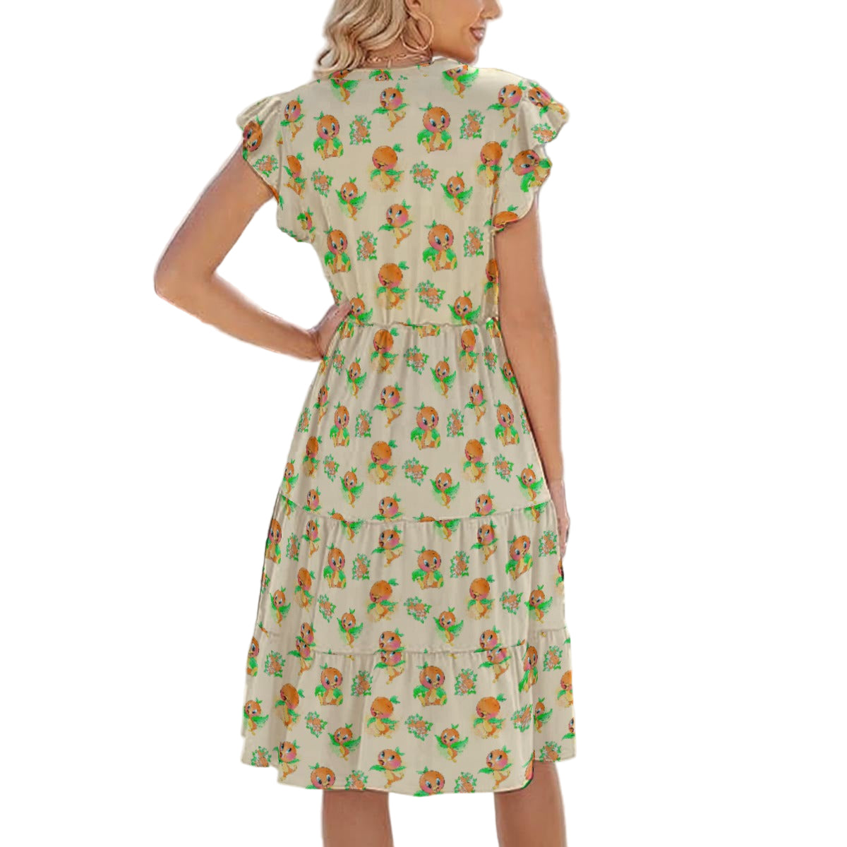 Citrus Charm Bird - Women's Tiered Pocket Midi Dress