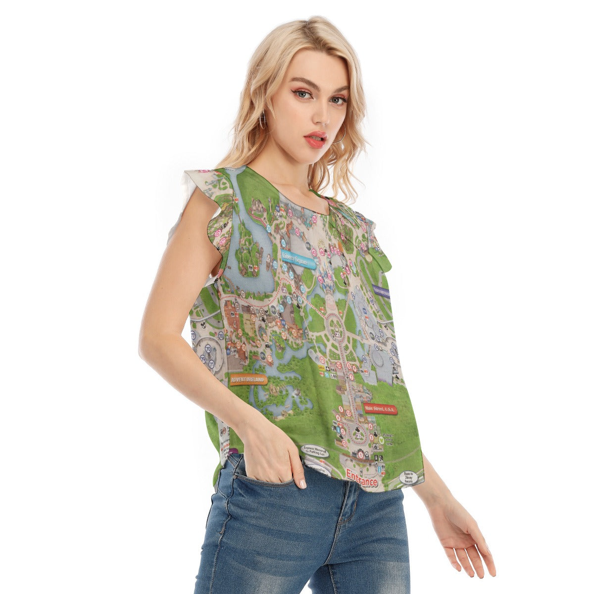 Vibrant Fantasy Park Map - Women’s Flutter Sleeve Top