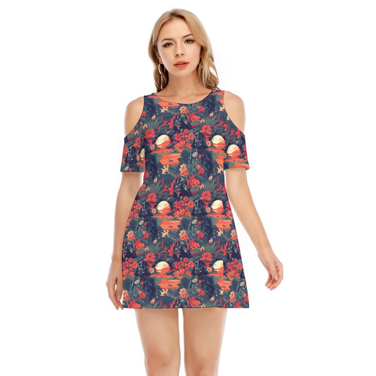 Tropical Dark Side Escape - Women's Cold Shoulder Cotton Dress