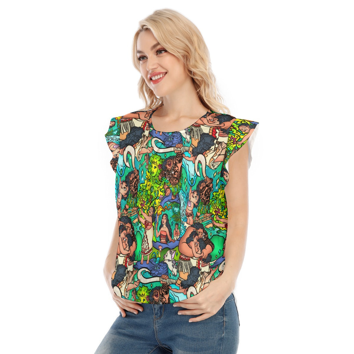 Ocean Voyager Storybook Scenes - Women’s Flutter Sleeve Top