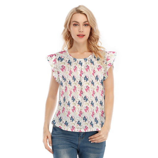 Blue Alien & Pink Friend Love - Women’s Flutter Sleeve Top