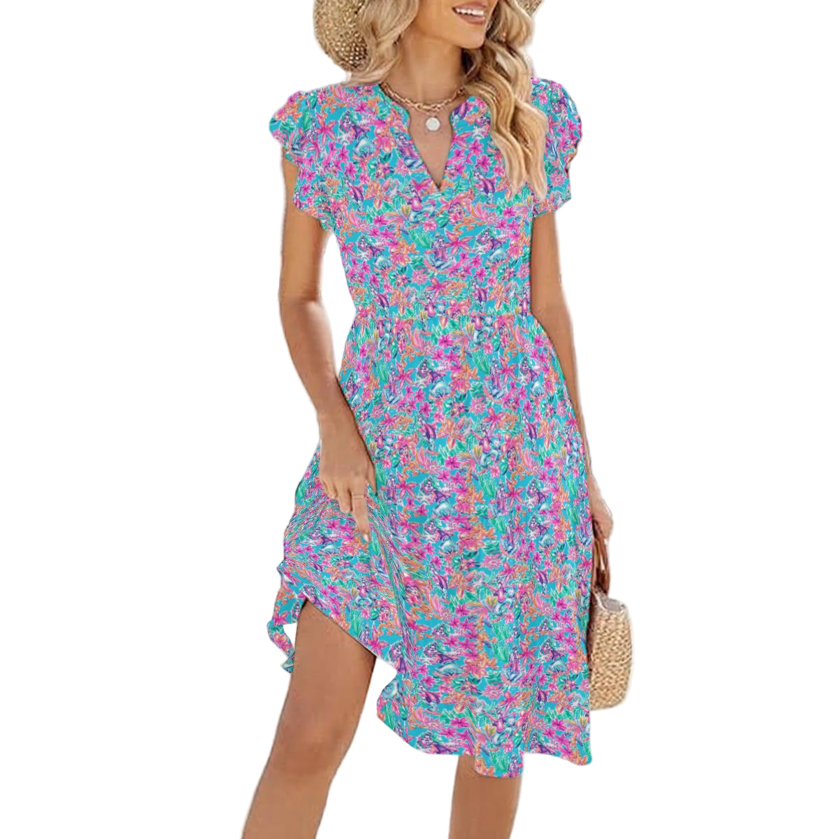 Tropical Bloom Fiesta - Playful Duo - Women's Tiered Pocket Midi Dress