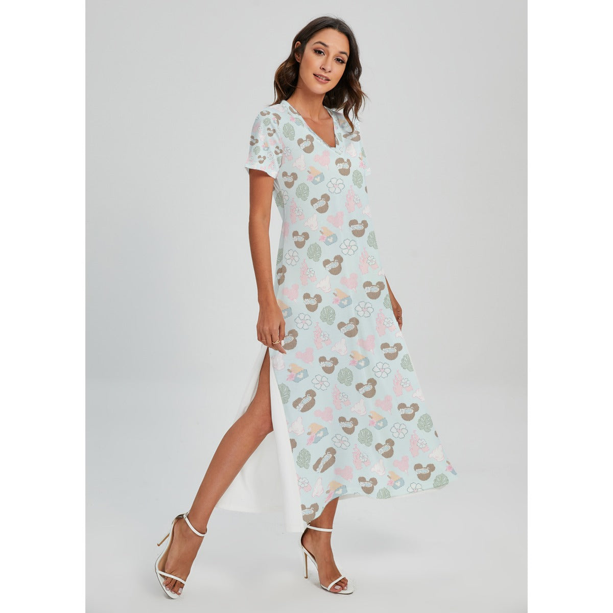 Pastel Island Treats - Women's V-Neck Side Split Maxi Dress